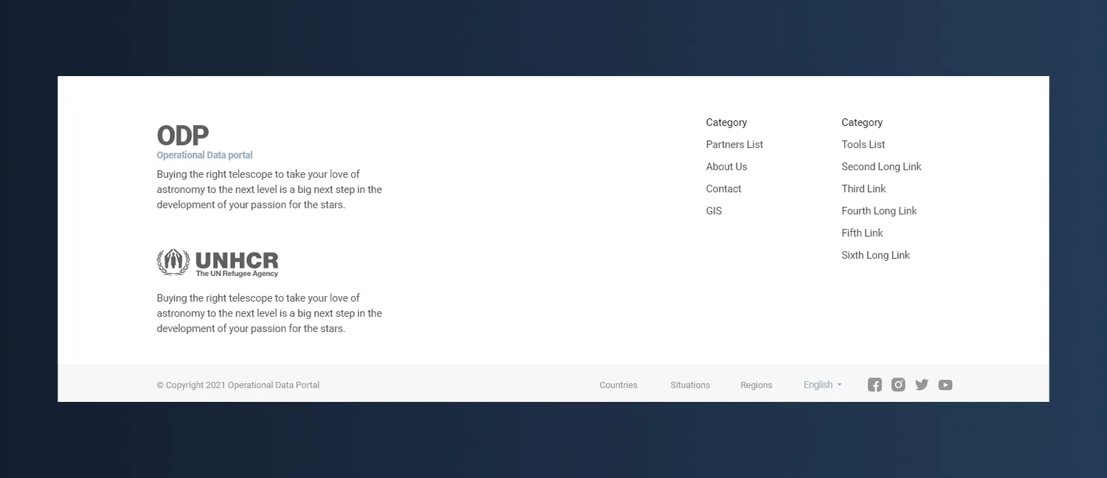 ODP redesigned footer with UNHCR co-branding and categorical navigation links