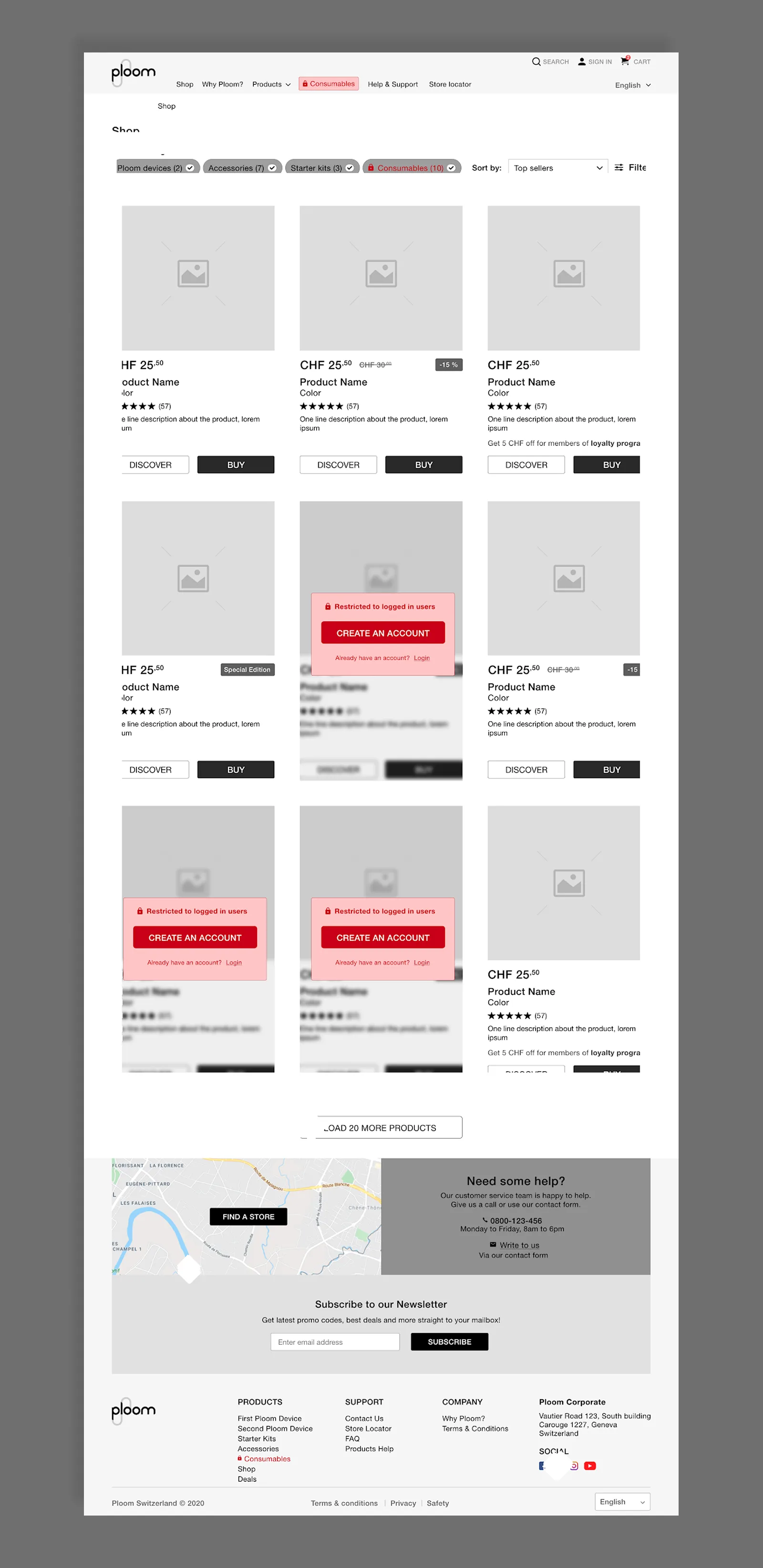 Shop page — content restriction overlay for logged-out visitors