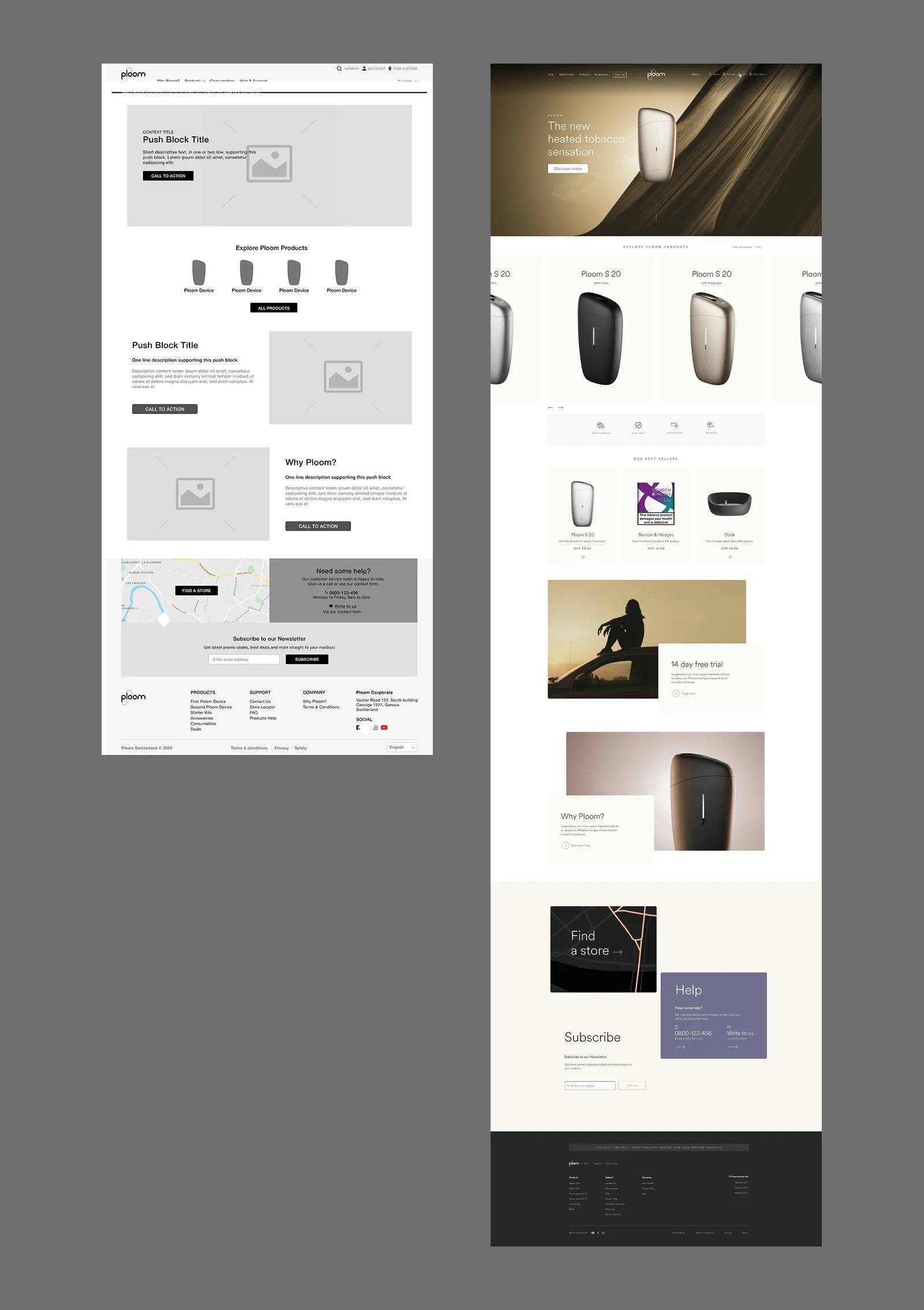 Homepage — wireframe and final UI