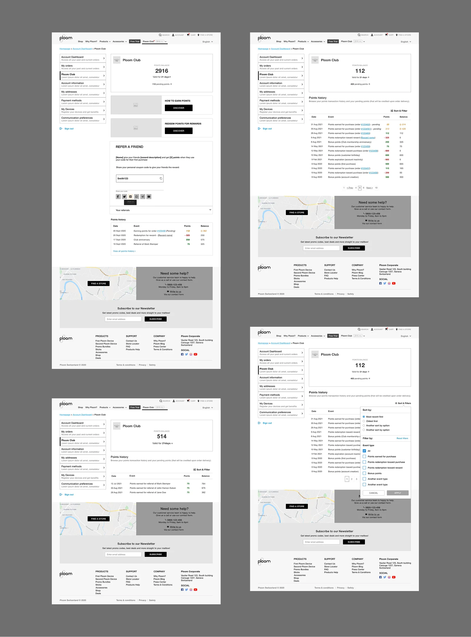 Ploom Club member dashboard — points balance, pending points, and history