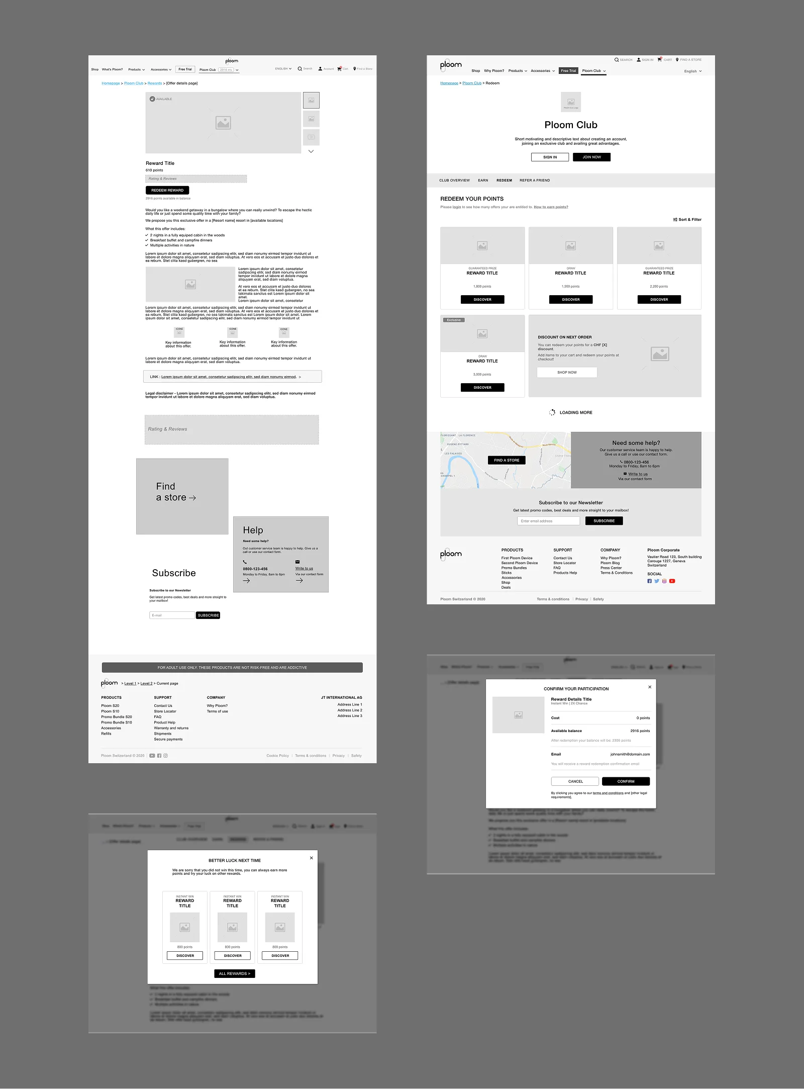 Ploom Club redeem catalogue — filters, reward types, and win states